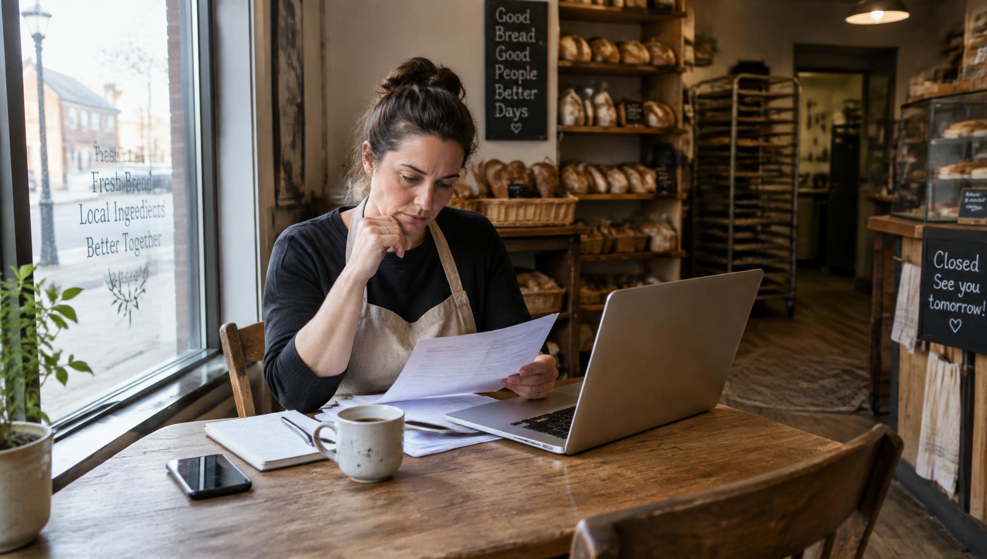 A bakery owner reviewing paperwork at a table after closing