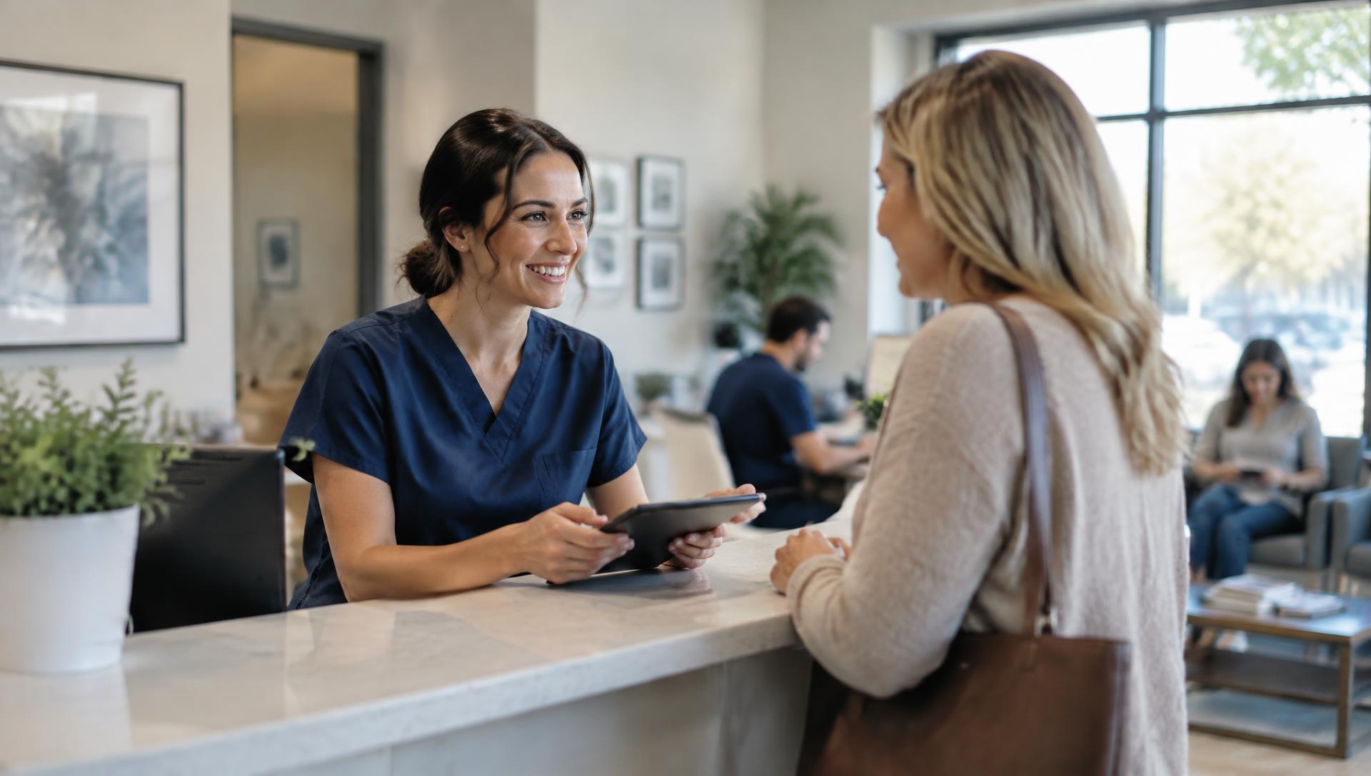 A clinician speaking with a patient at the front desk of a medical practice