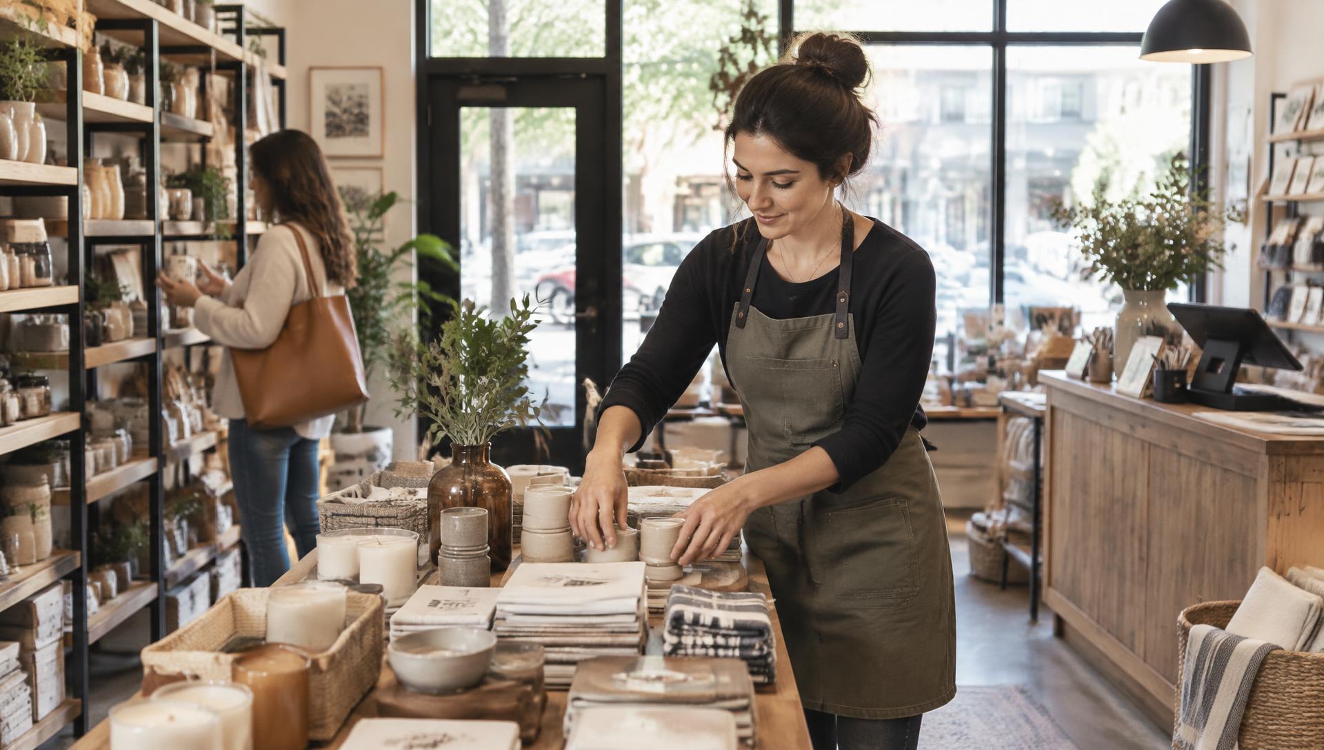 An independent shop owner arranging merchandise
