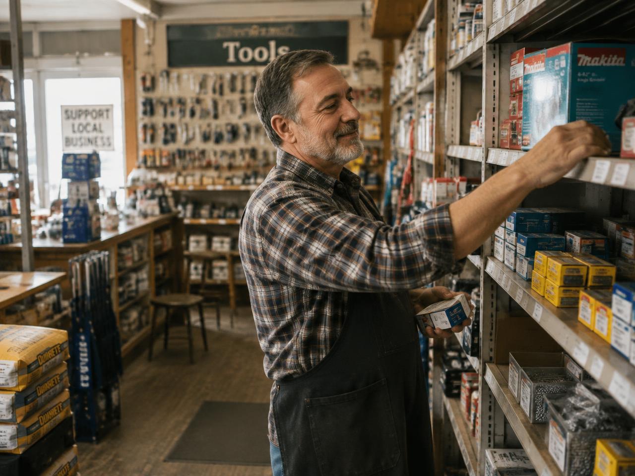 A hardware store owner restocking shelves