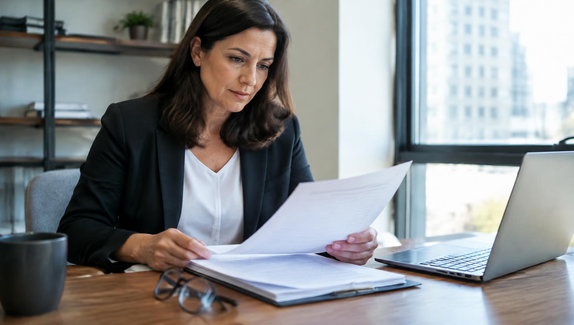 A small-business owner reviewing financial paperwork